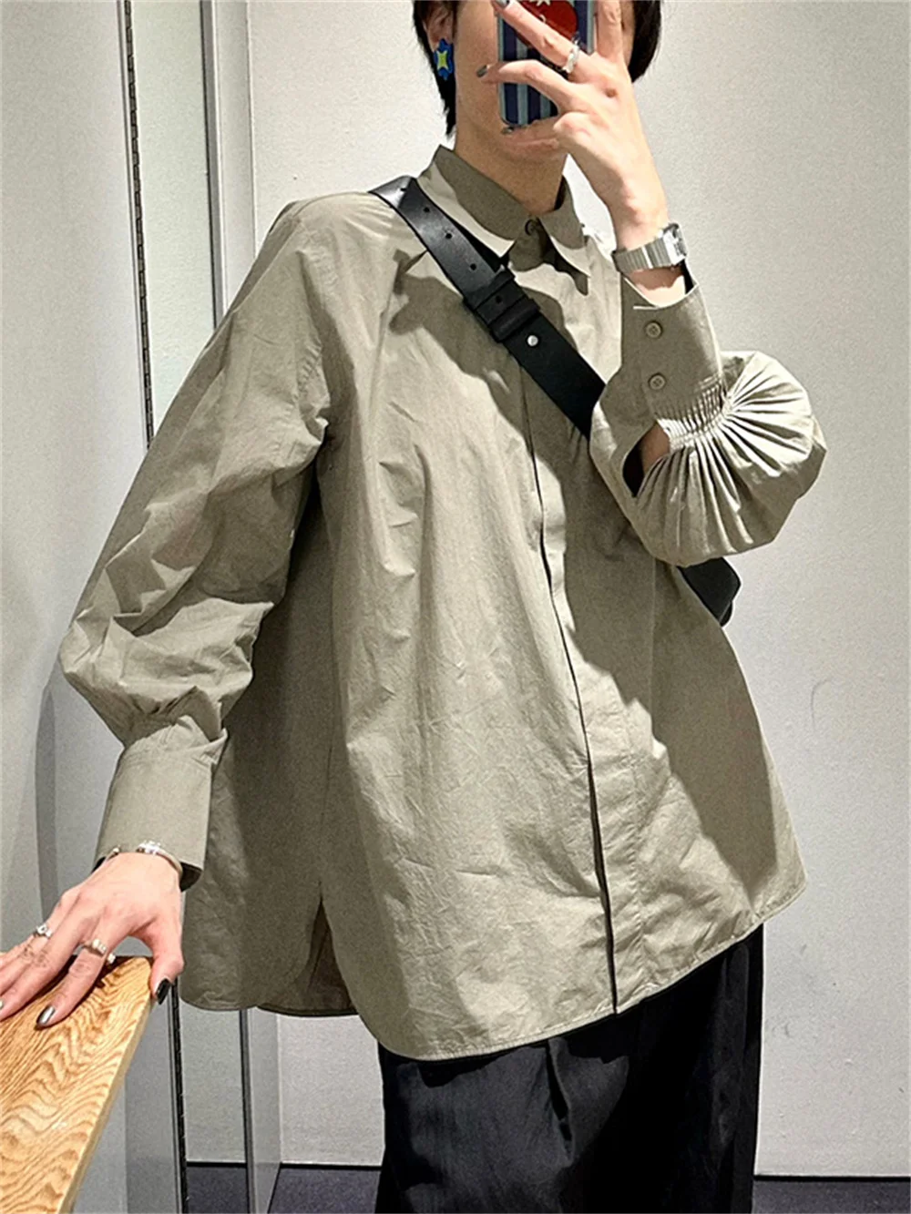 

Женская блузка с отложным воротником и пышными рукавами, Женская плиссированная однотонная однобортная Повседневная рубашка Oose, новинка весны 2023
