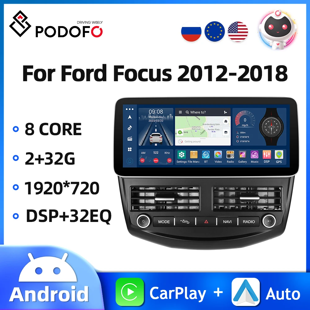 

Автомагнитола Podofo, 2DIN, Android 12,3, для Ford Focus 2012-2018, мультимедийный плеер, Carplay, Android, GPS, 8 ядер, 4G, Wi-Fi, автомобильная аудиосистема