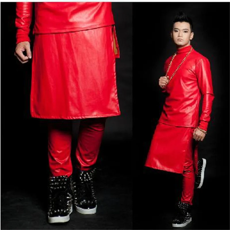 Red singer faux leather skirts pants for the mens PU leather skirt pants men stage star performers personalized customizable