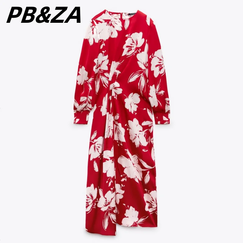 

PB&ZA 2023 Women's Clothing New Silk Satin Texture Flower Print Long Sleeve Waist Long Dress 2581117 2581/117