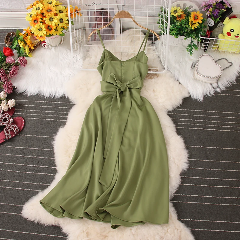 

2022 Summer Women Satin Slip Dress Backless Spaghetti Strap Bow A-LINE Elegant Vacation Sexy Party Midi Dress Bright Silk Maxi
