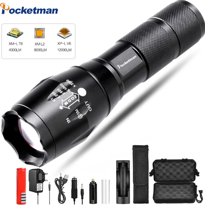 

Super Bright Bright Led flashlight Lantern Led Taclical torch T6/L2/V6 5 Switch Modes Zoomable Spotllight 18650 battery Camping