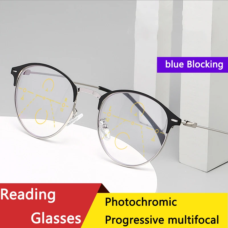 Progressive Photochromic Reading Glasses Men HD Ultra-light Anti-Blue Light Presbyopic Reader Glasses Women Bifocal Eyeglass 200