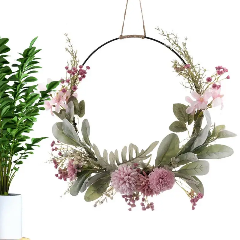 

Spring Wreath Pink Purple Orchid Chrysanthemum Dandelion Gypsophila Hoop Wreath Colorful Front Door Hanger Decorations For