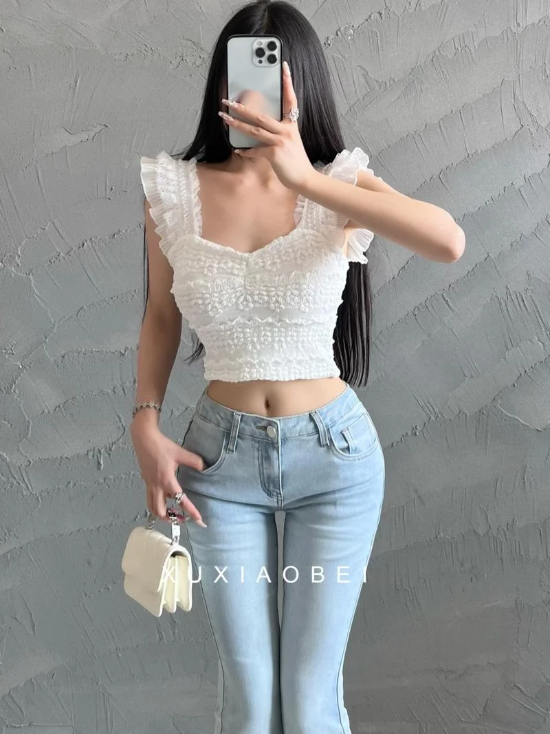 Женский кружевной топ без косточек облегающий летний белый рукавов милый модный