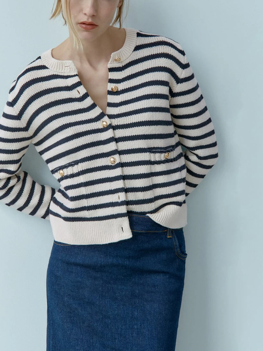 

Elegant Stripes Women's sweater Coat O Neck With Pockets Front Metal Buttons Long Sleeve Knit Cardigan Female Casual Vintage Top