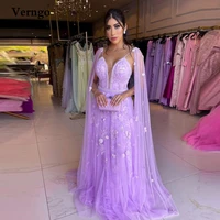 verngo elegant lilac tulle lace evening dresses with cape sleeves long spaghetti straps 3d flowers dubai women formal prom gowns