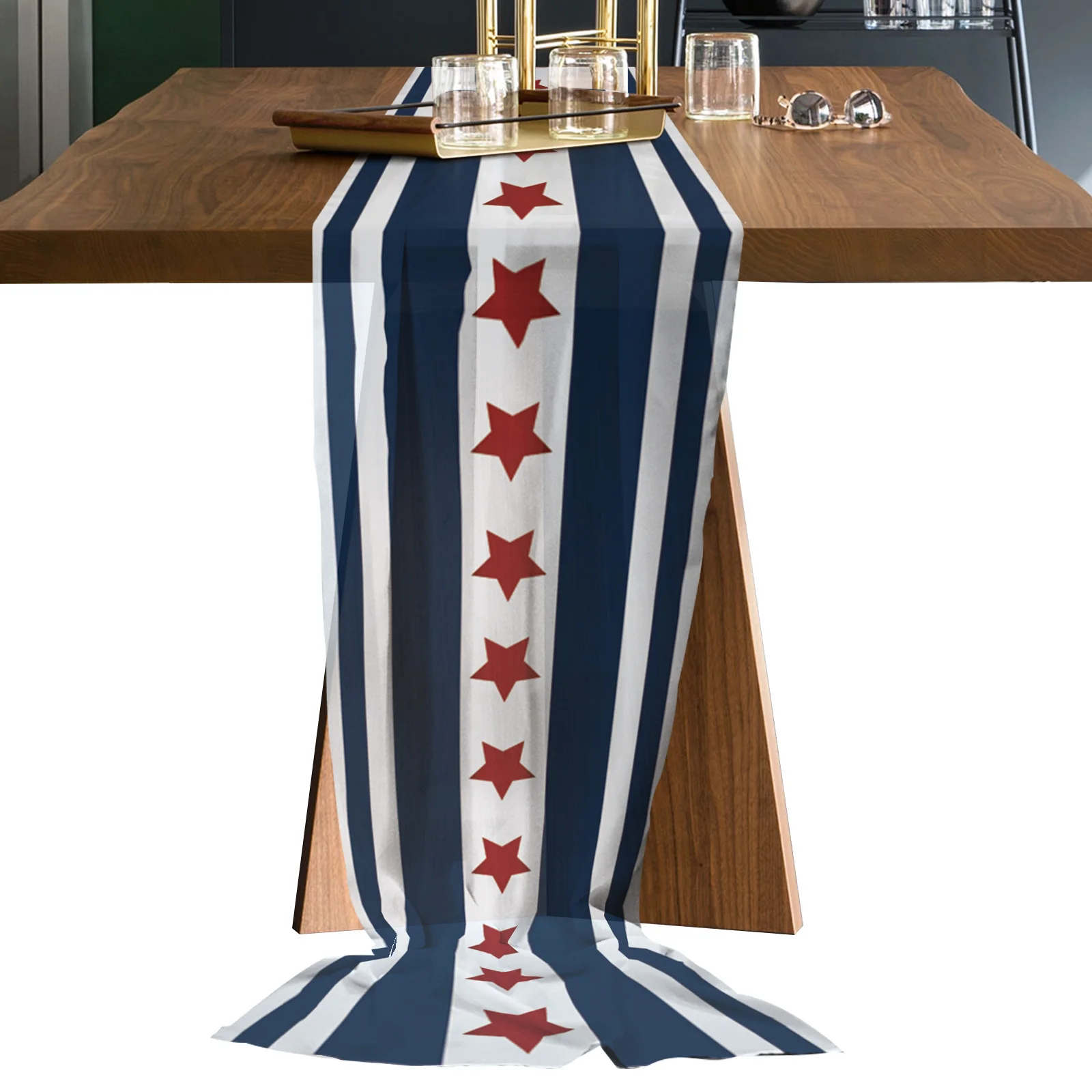 

Flag Day Stars Stripes Sheer Chiffon Table Runners Rustic Gauze Dining Tablecloth Wedding Table Decor Gauze Table Runner