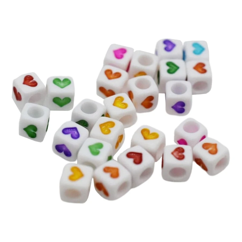 

50pcs Heart Printed Loose Beads Big Hole Square Beads for DIY Jewelry Making 594C
