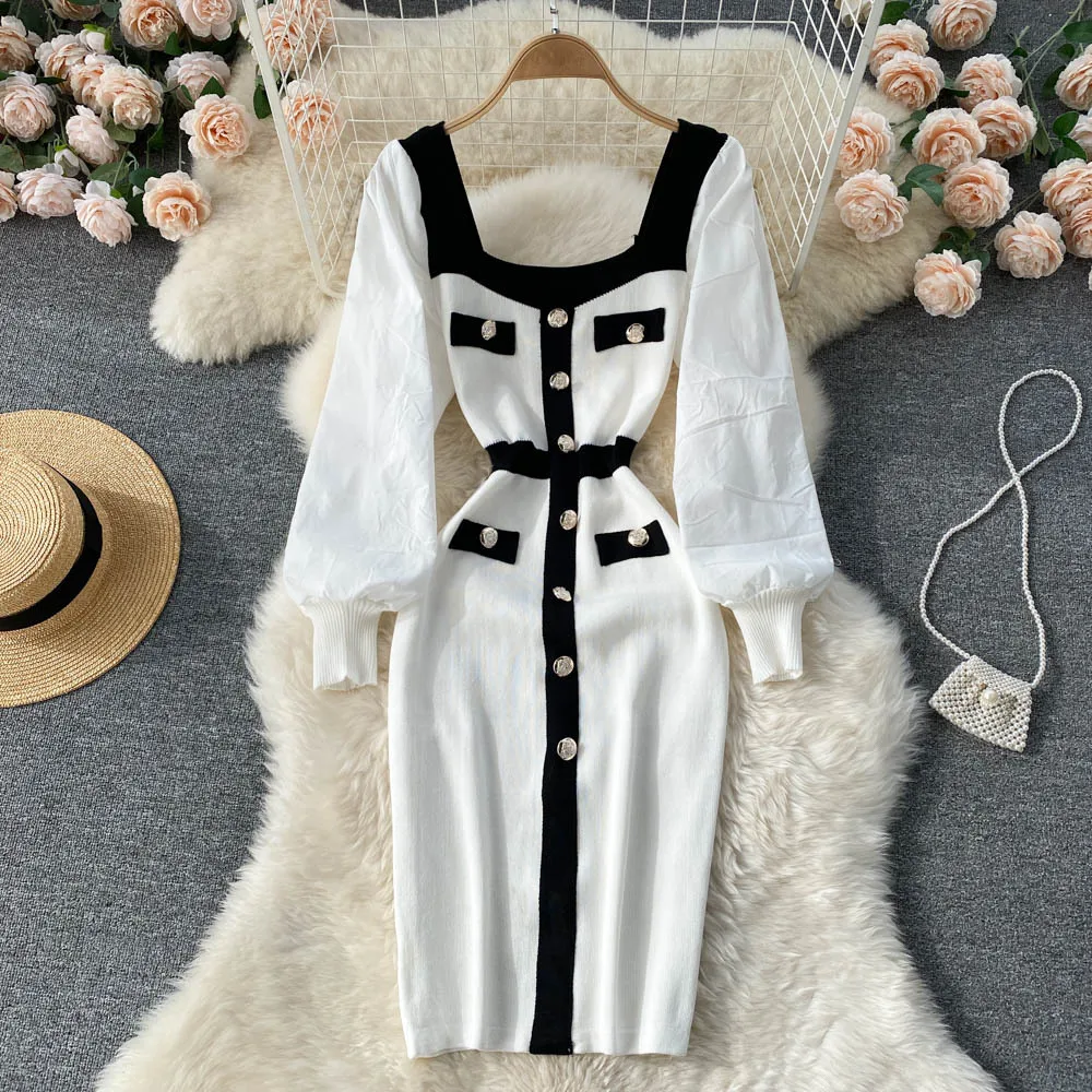 

Women's temperament square neck maternity dress with lantern sleeves White