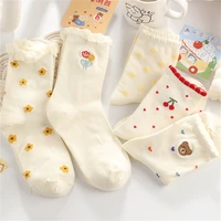 2 pairs cute lolita socks for women fashion cartoon flower mid tube socks kawaii high quality cotton thin girl christmas gift