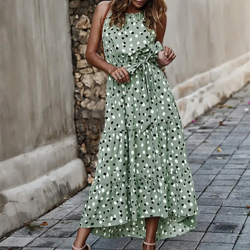 

Off Shoulder Lace-up High-Low Hemline Beach Dress Dot Print Halter Sleeveless Casual Midi Dress Sundress Dresses for Women 2022