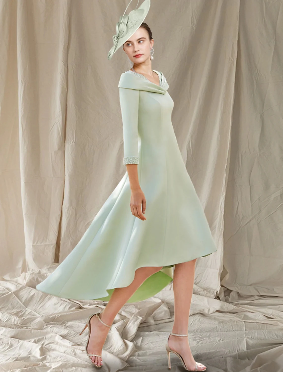 

Vintage Sage Beading Mother of the Bride Dress 2022 V Neck High Low Half Sleeve Guest Formal Party Gowns Robe De Soriee