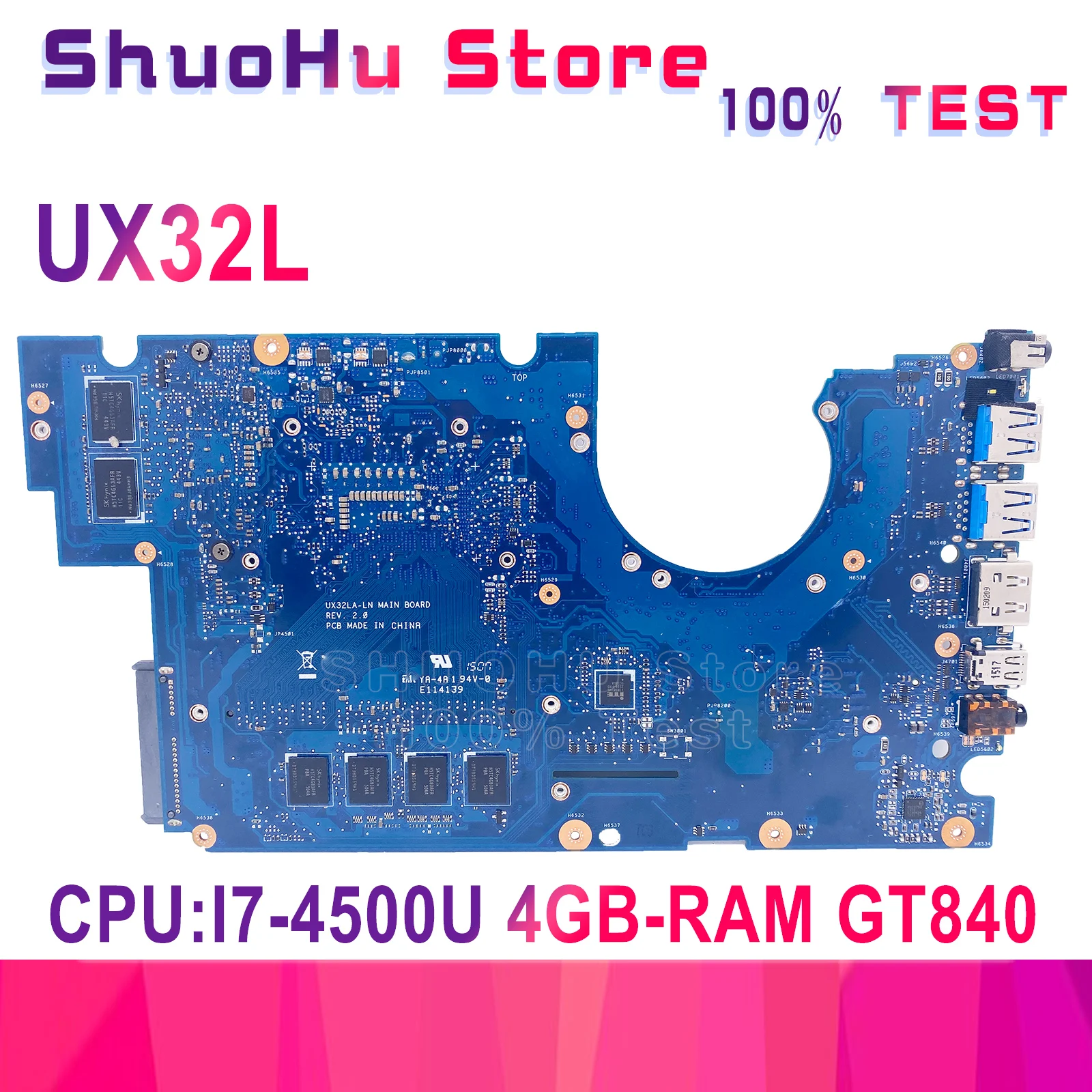 

KEFU UX32LN Notebook Mainboard For ASUS Zenbook UX32L UX32LA Laptop Motherboard I7-4500U 4GB-RAM GT840M Function 100% Test Work