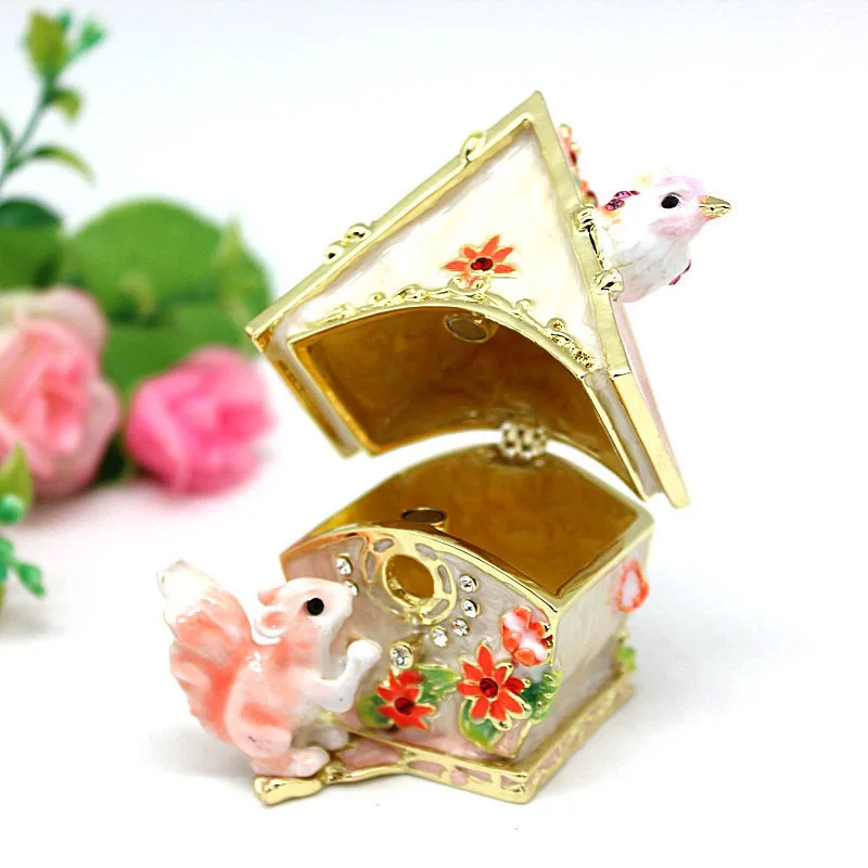 Squirrel Bird House Trinket Box Hinged Enameled Jewelry Box Hand-Painted Classic Animals Ornaments Craft Gift