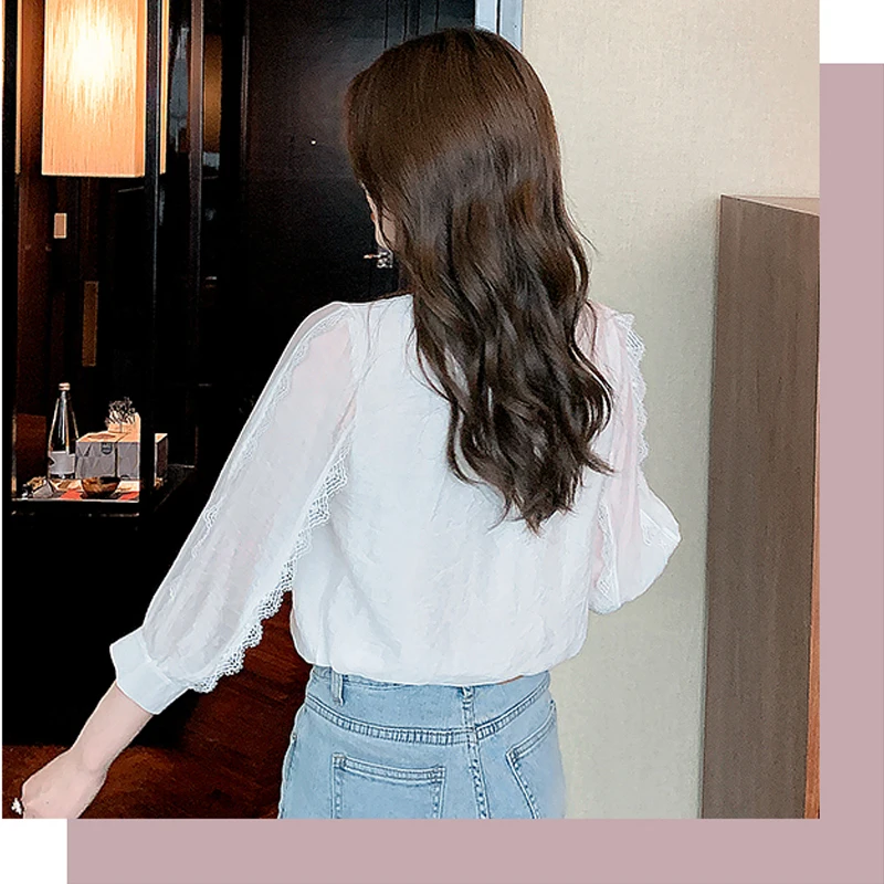 Милая кружевная блузка Элегантные повседневные топы с пышными рукавами весна 2023