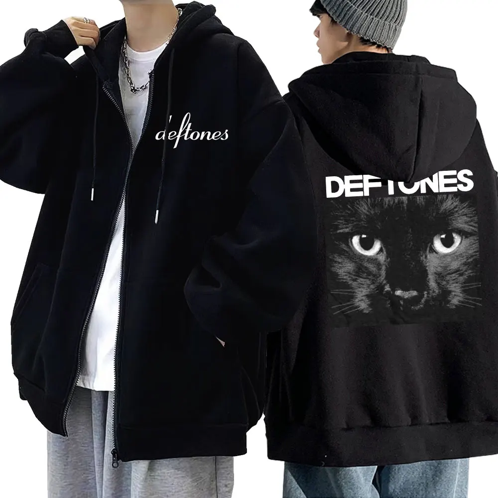 

Rock Band Deftones Black Cat Graphic Zip Up Hoodie Men Women Retro Hoodies Gothic Oversized Sweatshirt Zipper Streetwear Coats