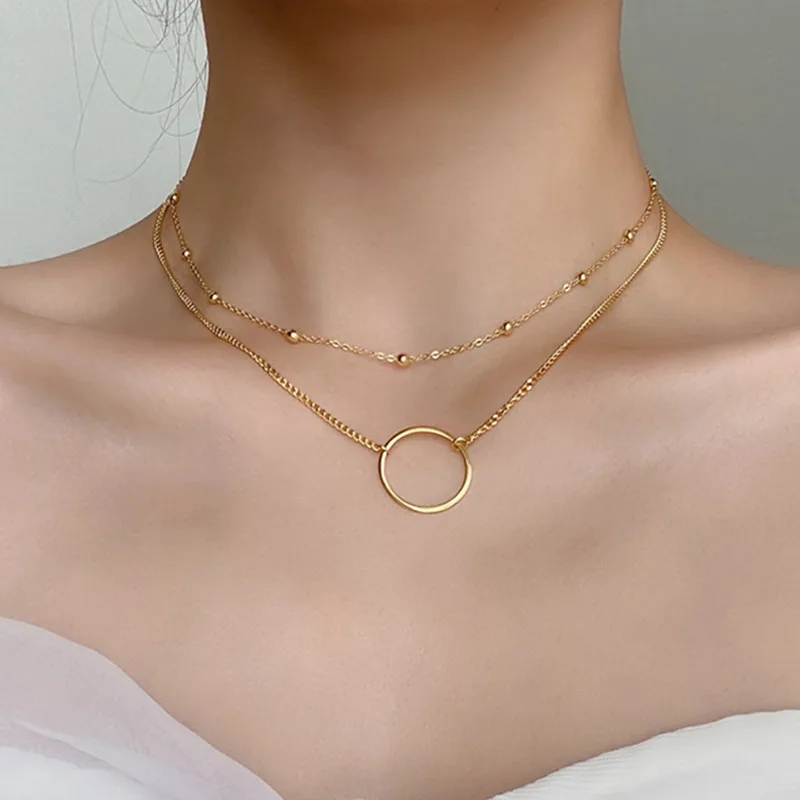 

Gold Color Geometric Round Chain Pendant Choker Necklace Women Statement Collares Bohemian Beach Jewelry Gift Collier