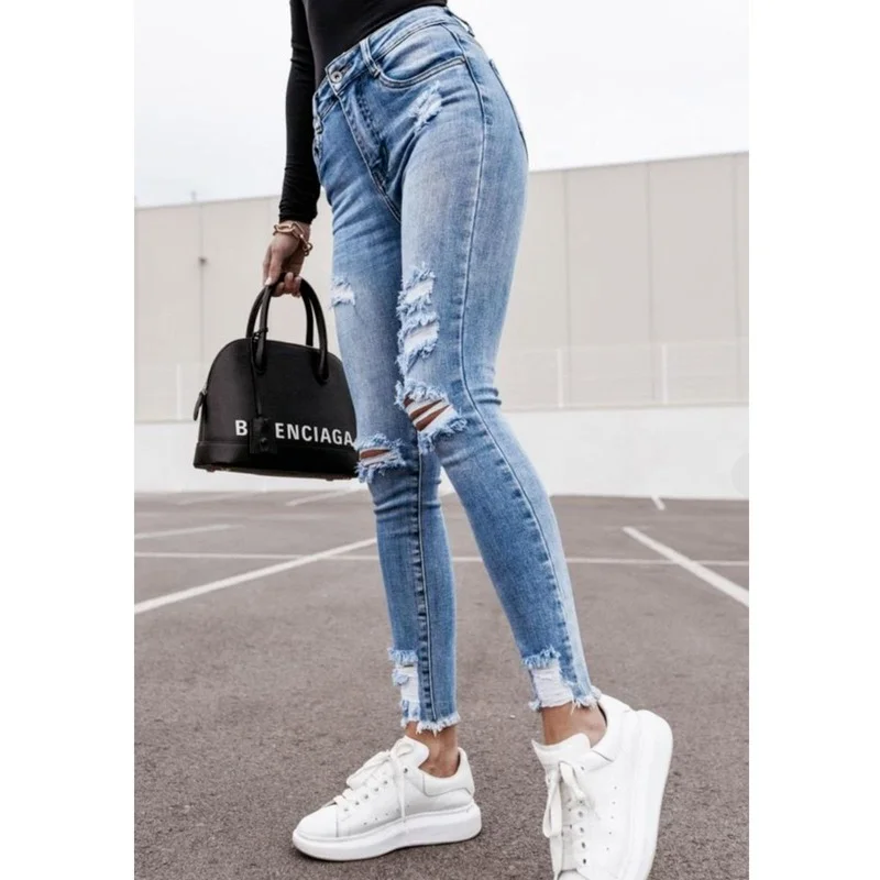 Women Stretch Waist Slim Skinny Fashion Casual Jeans High Waist Denim Pencil Pants Female Classic Hole Oversized Trousers Pop