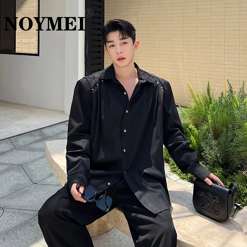 

NOYMEI Long Sleeved Shirt All-match Single Breasted Solid Color Men Solid Color 2023 Summer Loose Plated Design Male Top WA1464