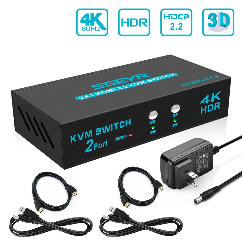 KVM-переключатель HDMI с 2 портами SGEYR, USB HDMI-переключатель для 2 компьютеров, совместное использование клавиатуры, мыши, принтера и монитора, поддержка UHD 4K @ 60 Гц