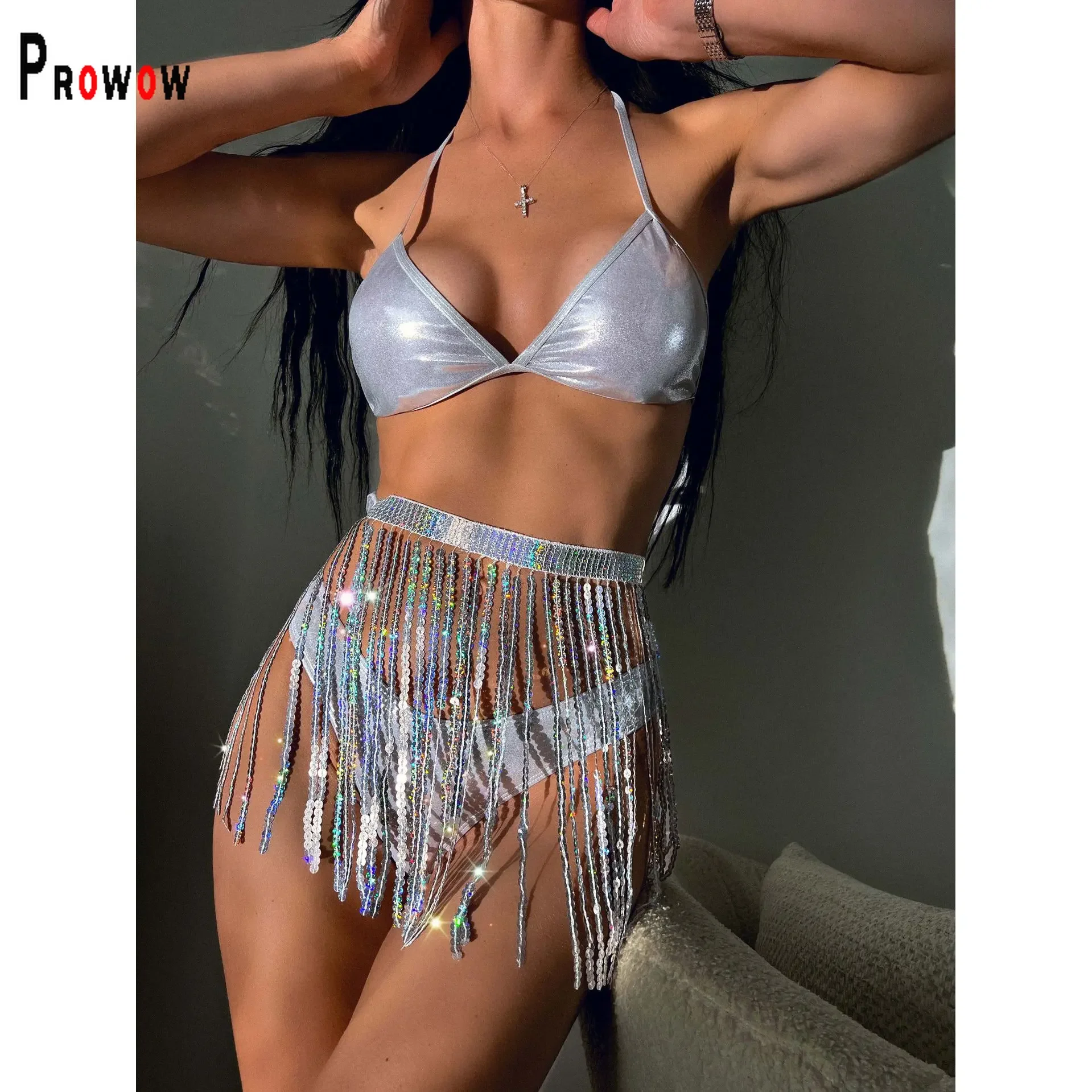 

Сексуальное женское бикини Prowow, модное бикини с блестками и кисточками, раздельные серебряные пляжные наряды, летние женские костюмы на шнуровке