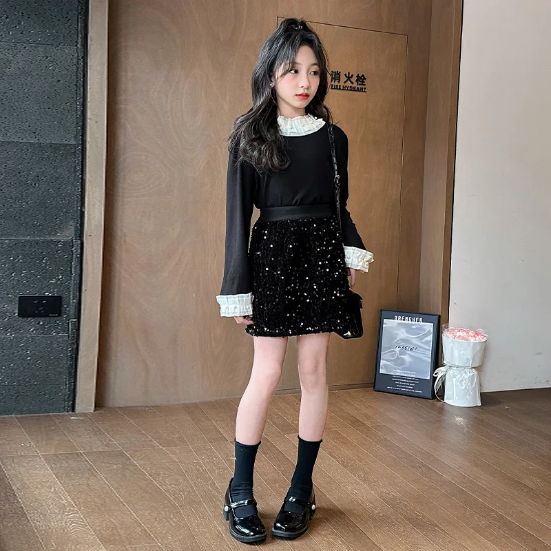 Костюмы для девочек осень 2024 новая детская одежда кружевная базовая рубашка юбка