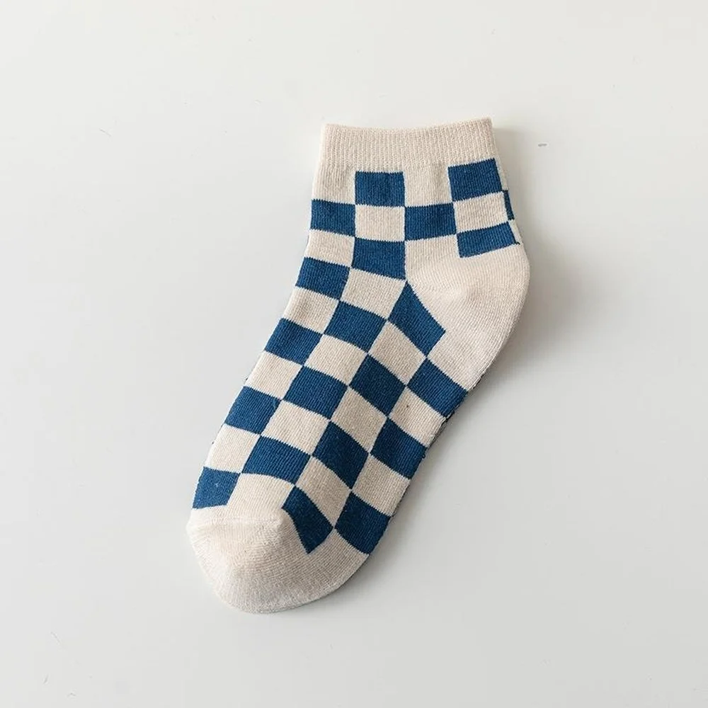 6 Pairs New Hot Fashion Klein Blue Women Socks Shallow Mouth Thin Sweat-absorbing Breathable Japanese Plaid Casual Cotton Socks