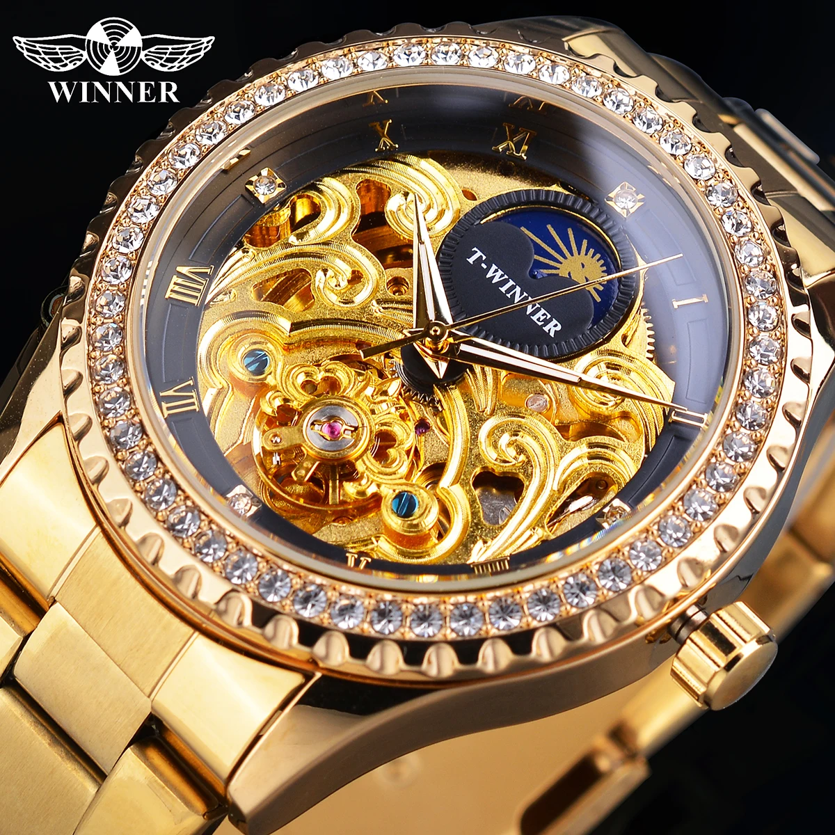 

Relogio Masculino Winner Men Automatic Watches Luxury Diamond Skeleton Watch Gold Mechanical Wristwatches With Moon Phase Design