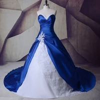 elegant royal blue and white wedding dresses pleats applique beads sweetheart a line taffeta bridal gowns vestios de marriage
