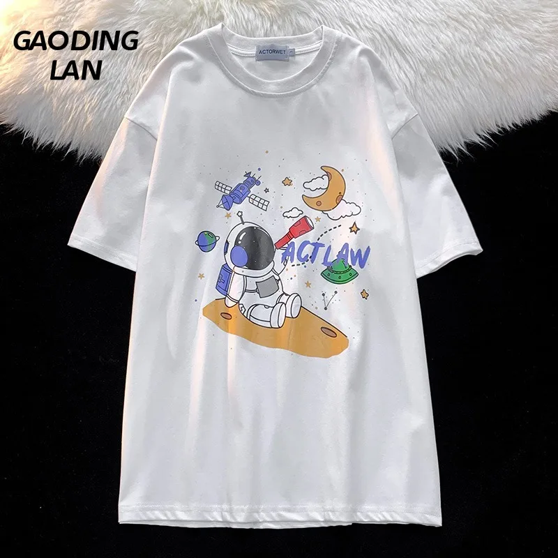 

GAODINGLAN Summer Large Size Short Sleeve Women T-shirts Round Neck Cartoon Astronaut Print Cotton Tops Streetwear Oversize Tees