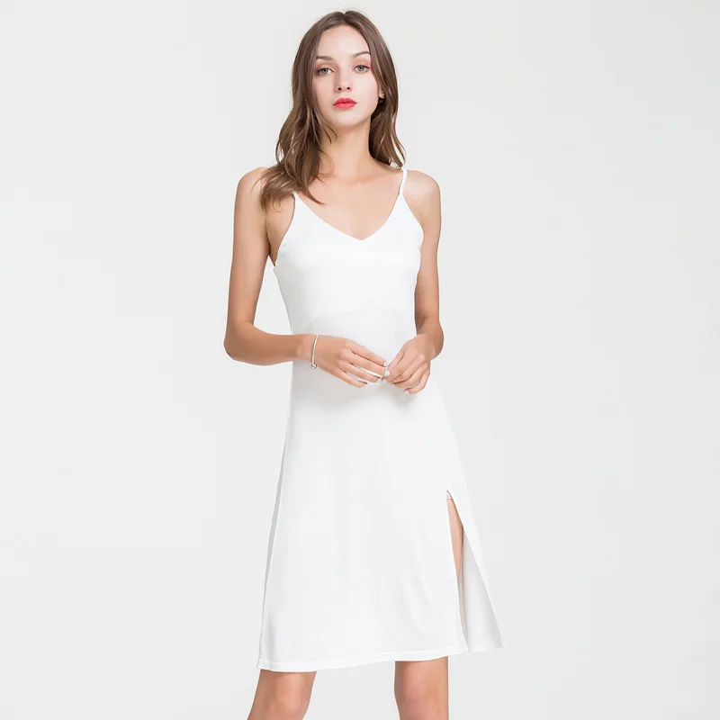 Summer Silk Suspender Nightdress Feminine Temperament Slit Mid-length Pajamas Loose Mulberry Silk Sexy Sleepwear Nightwear