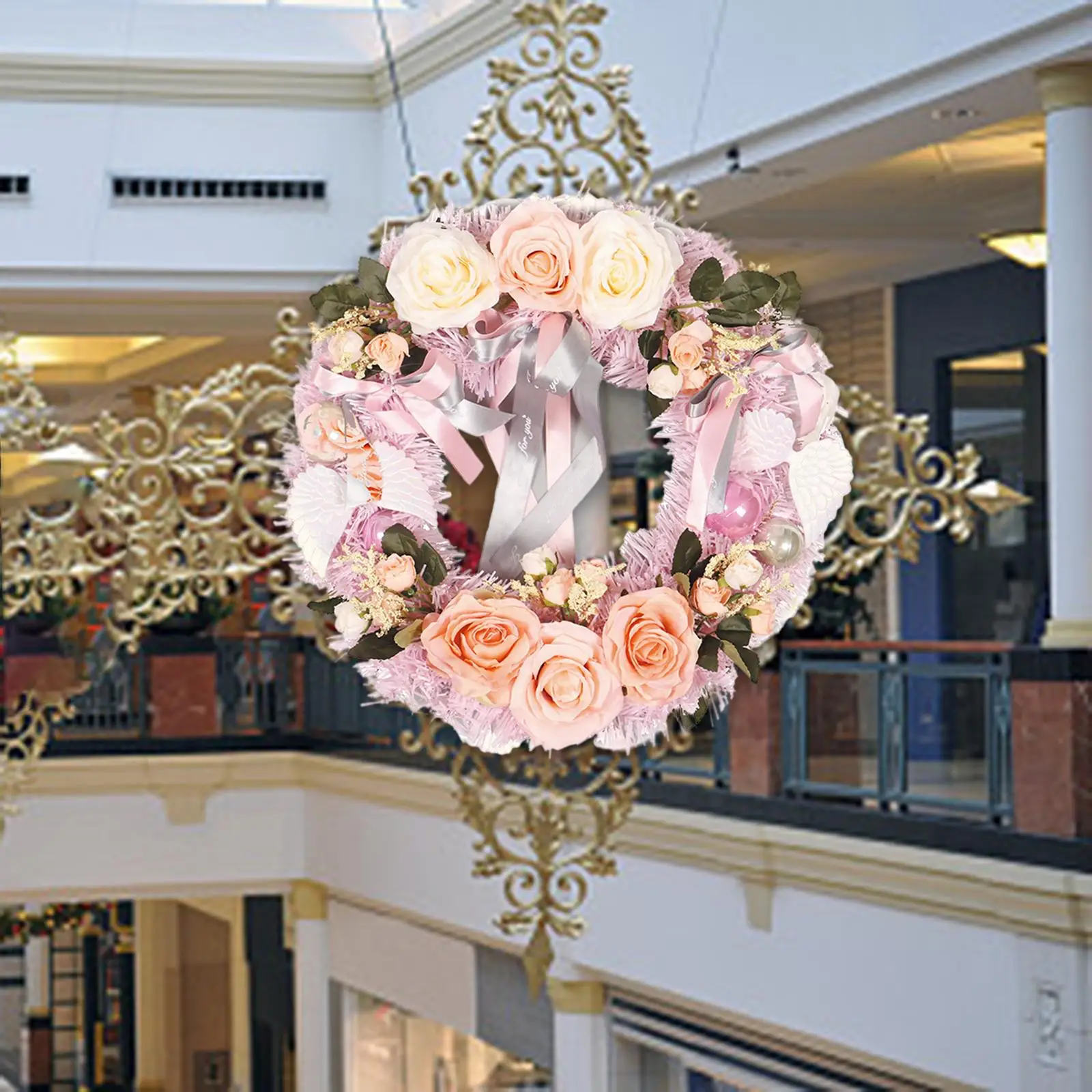 

Simulation Rose Flower Ribbon Wreath Flower Garland Door Wall Hanging Decor