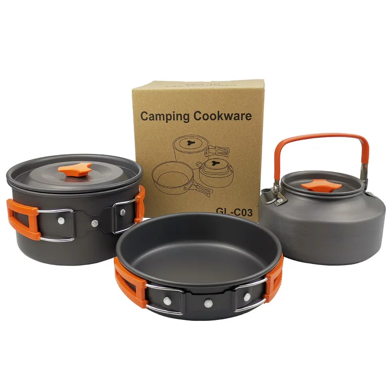 

New Outdoor Pot Teapot Portable Outdoor Cookware Set Camping Kettle Pot Set Of Three Camping Hiking Equipments Picnic Nice Tools