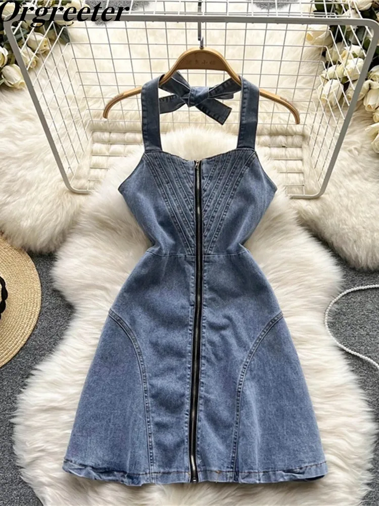 

Summer Sexy&Club Zipper Mini Denim Dress Women INS Fashion Backless Sleeveless Vestidos Ladies Halter Slim Fit Mini Dress