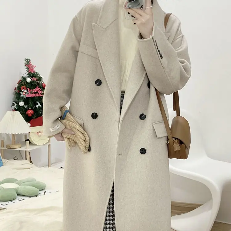 

Korean Version of Double-sided Tweed Coat Women's Medium Length 2022 New Loose Over Knee Off-season Tweed Coat Women