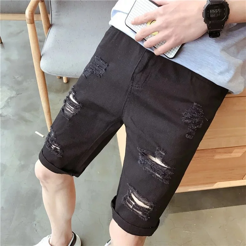 

2023 New Men's Denim Shorts Ripped Five Quarter Pants Trend Korean Version Slim Mid-length Summer Thin Style Loose Jeans