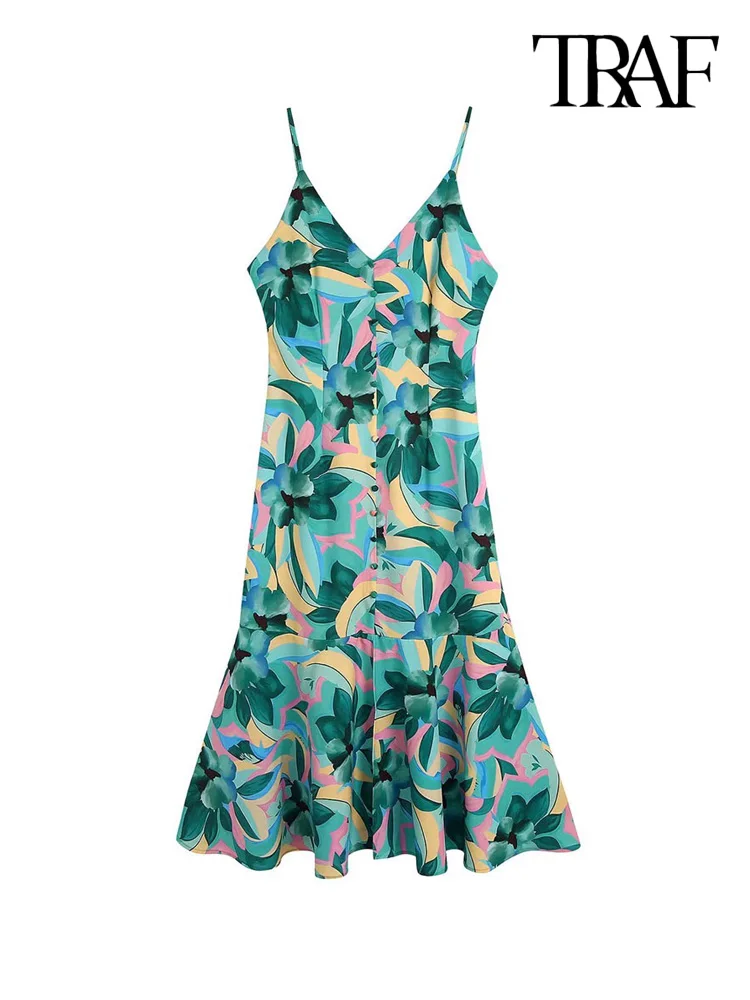 

TRAF Women Fashion Front Buttons Printed Ruffled Midi Dress Vintage Backless Zipper Thin Straps Female Dresses Vestidos