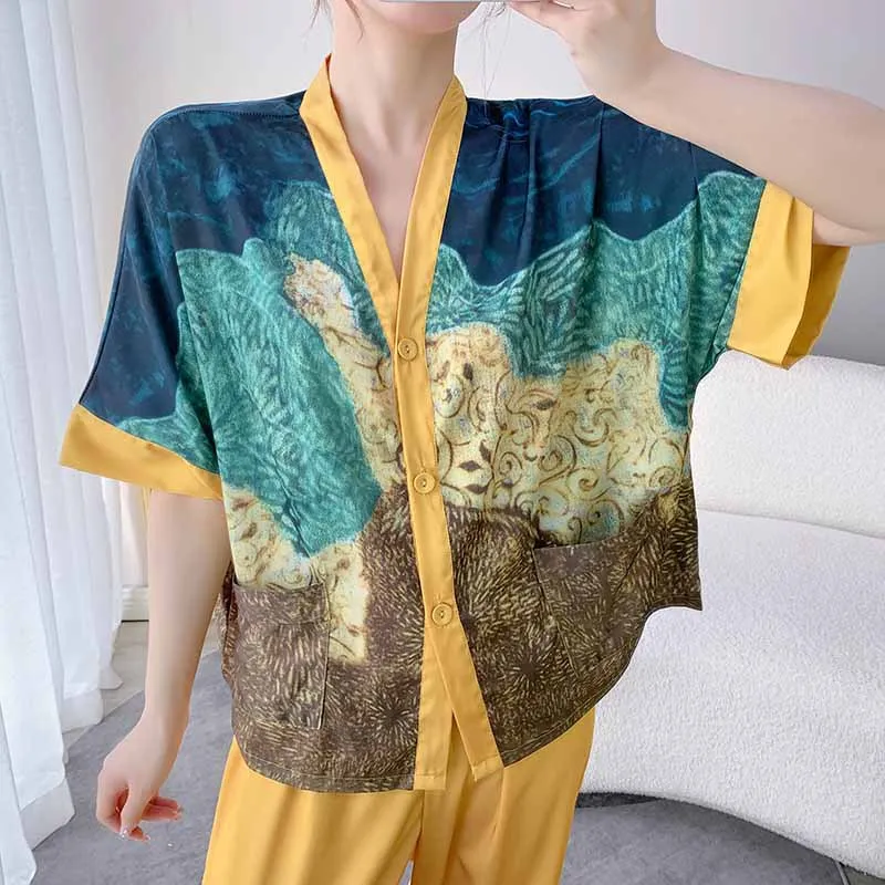 

Новинка, женская пижама, комплект из 2 предметов, атласная Шелковая пижама с принтом, одежда для сна, топ с коротким рукавом и длинные брюки, летний домашний костюм 2022