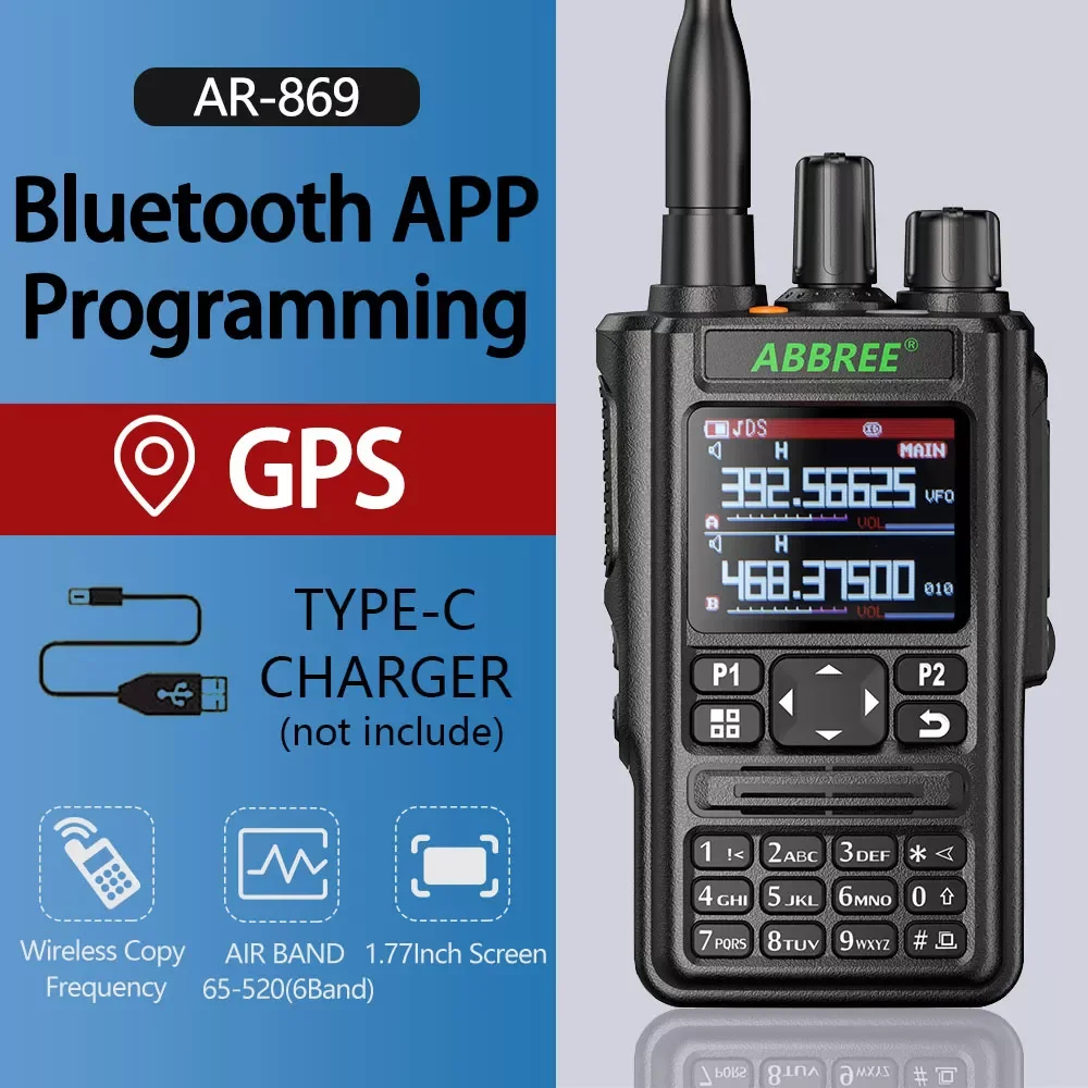 Walkie Talkie Bluetooth Program GPS Transceiver 136-520Mhz All Bands FM AM Band Receiver Type-C Charge Hunting Intercom