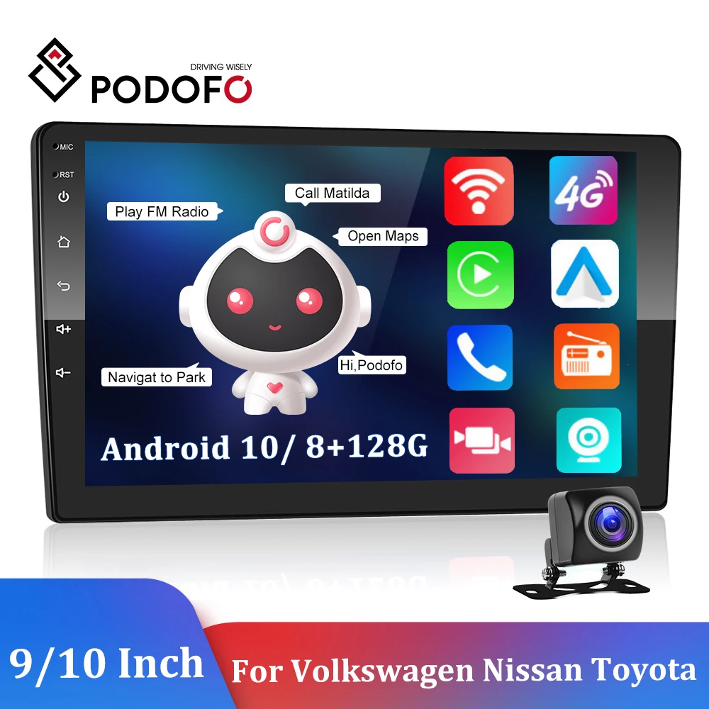 $60.29 Podofo 2 Din Android Car Radio Car Multimedia Player Autoradio 9/10 Inch 8+128G Wifi Gps Ai DSP For Volkswagen Nissan toyota Kia
