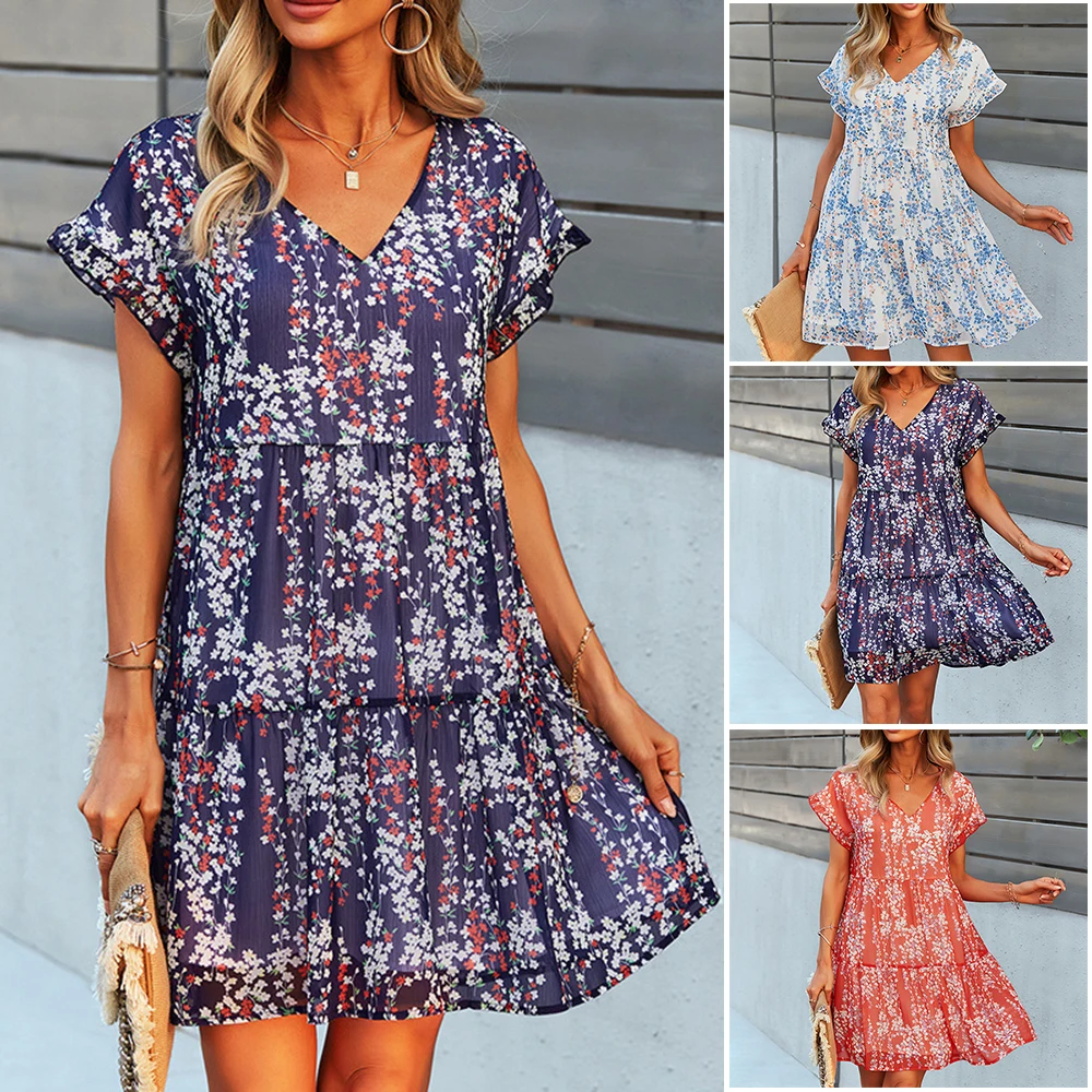 

Summer Dress for Women V Neck Babydoll Mini Dress for Dinner Party Wear FS99