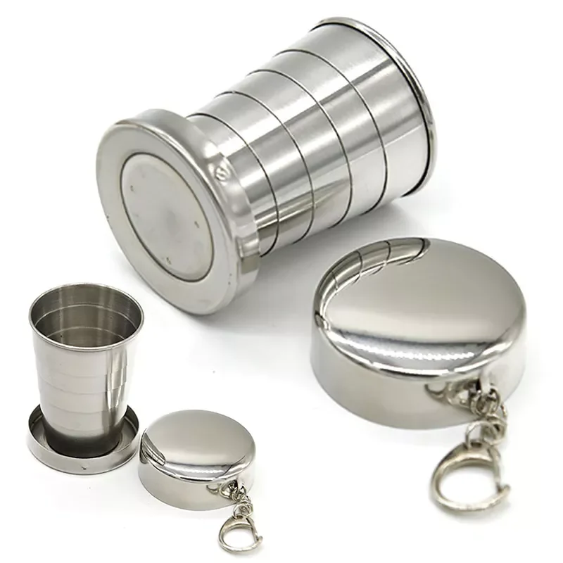 

1Pcs Stainless Steel Folding Cup With Keychain Portable Retractable Telescopic Collapsible Cups Outdoor Water Drink Cup With Lid