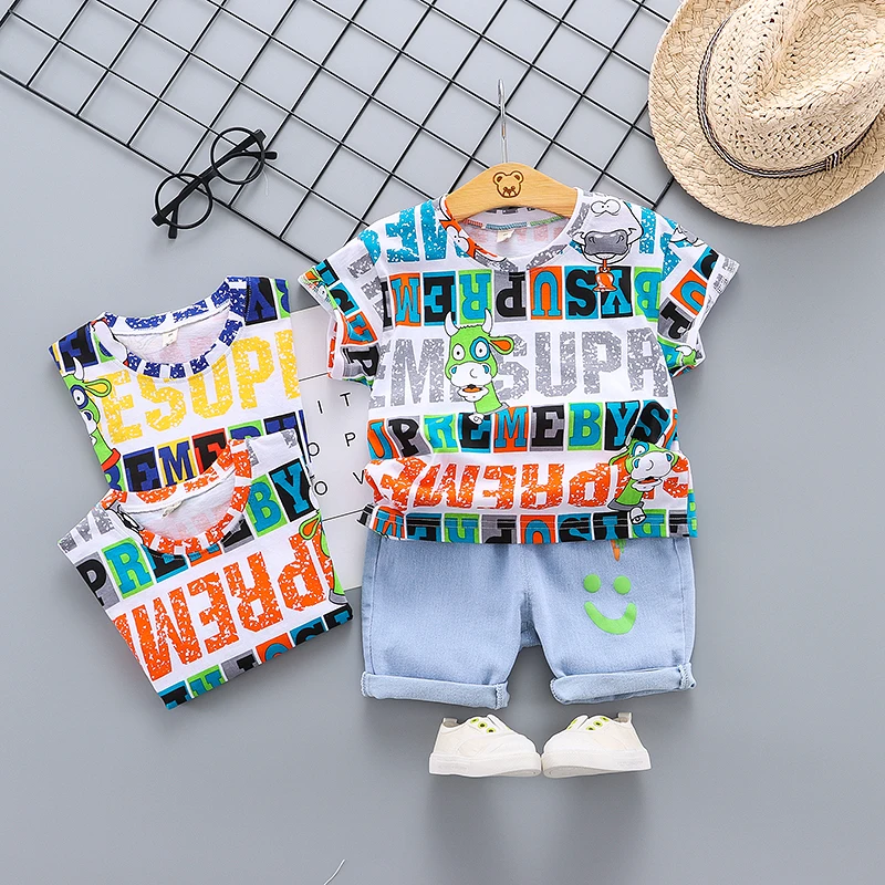 

SH-babyclothesодежда для маленьких мальчиков, летний костюм с шортами с коротким рукавом, рубашка с принтом, повседневные шорты, костюм из двух предметов
