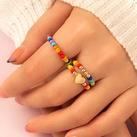 3pcs summer bead rings set for women bohemian love heart colorful beads adjustable rope chain rings fashion jewelry am4361