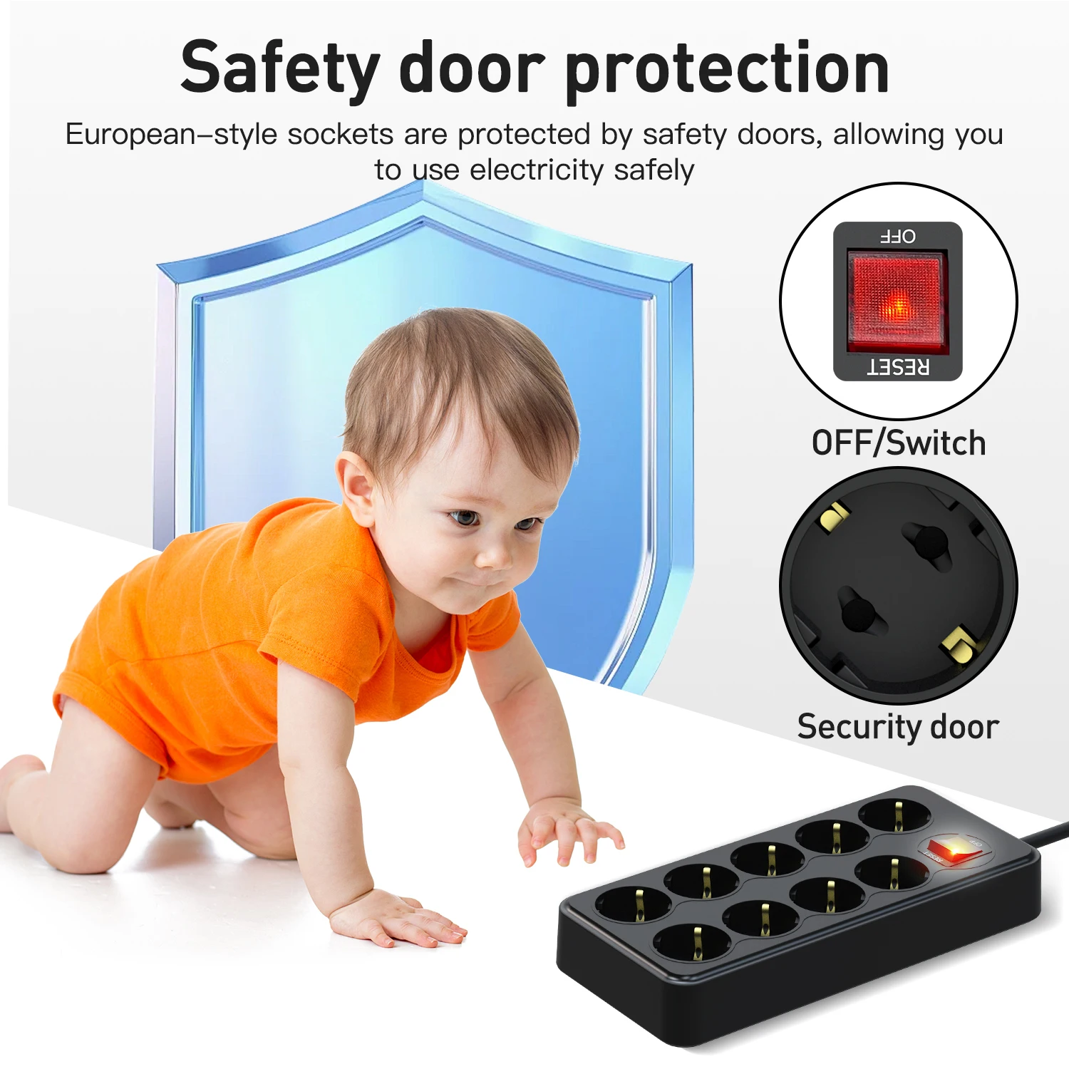 9 розеток переменного тока европейская удлинитель с защитой от перегрузки кабеля