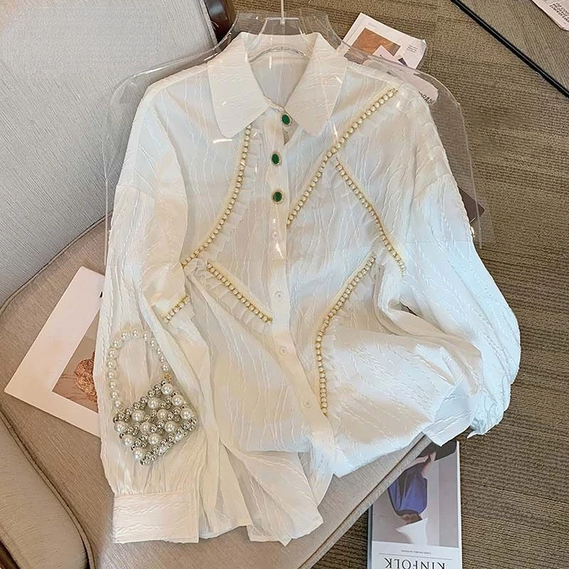 

DUOFAN тонкие шифоновые топы во французском дворцовом стиле тяжелые рабочие винтажные текстурные блузки с бисером 2023 Женская Однотонная рубашка с отворотом и длинным рукавом