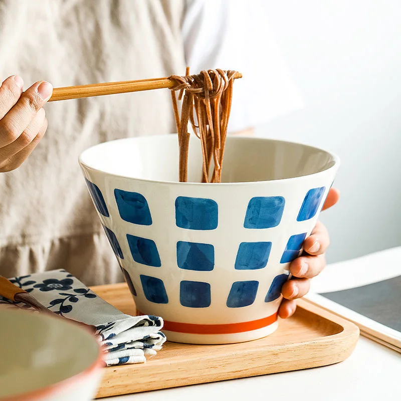 

Ceramic Handpainted Japanese Style Cold Noodle Bowl Rice Salad Soup Bowl Household Large Capacity Ramen Bowl Kitchen Tableware