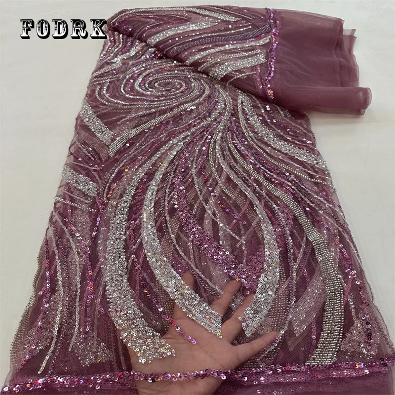 

Elegant Luxury Beading Wedding Lace Fabric 2023 Latest African French Mesh Lace Fabric Embroidered Sequins Beads Tulle Fabric