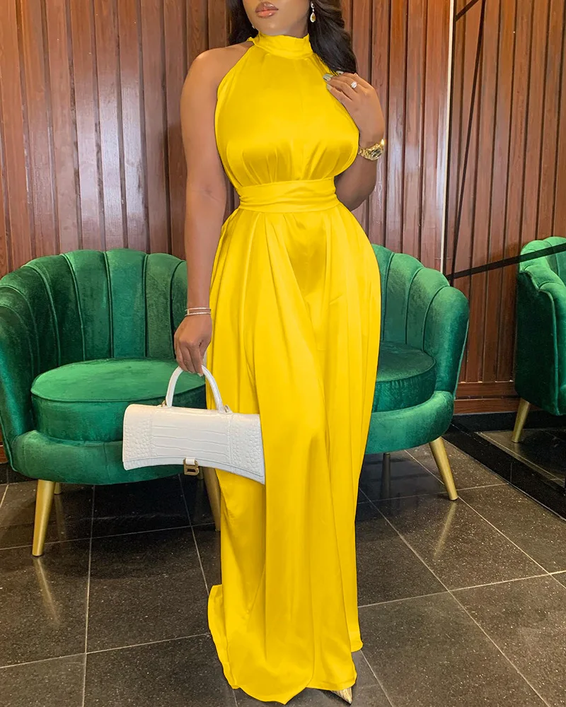 

Летний комбинезон с широкими штанинами, Женский Повседневный однотонный комбинезон без рукавов с лямкой на шее и высокой талией, свободные брюки, женский комбинезон